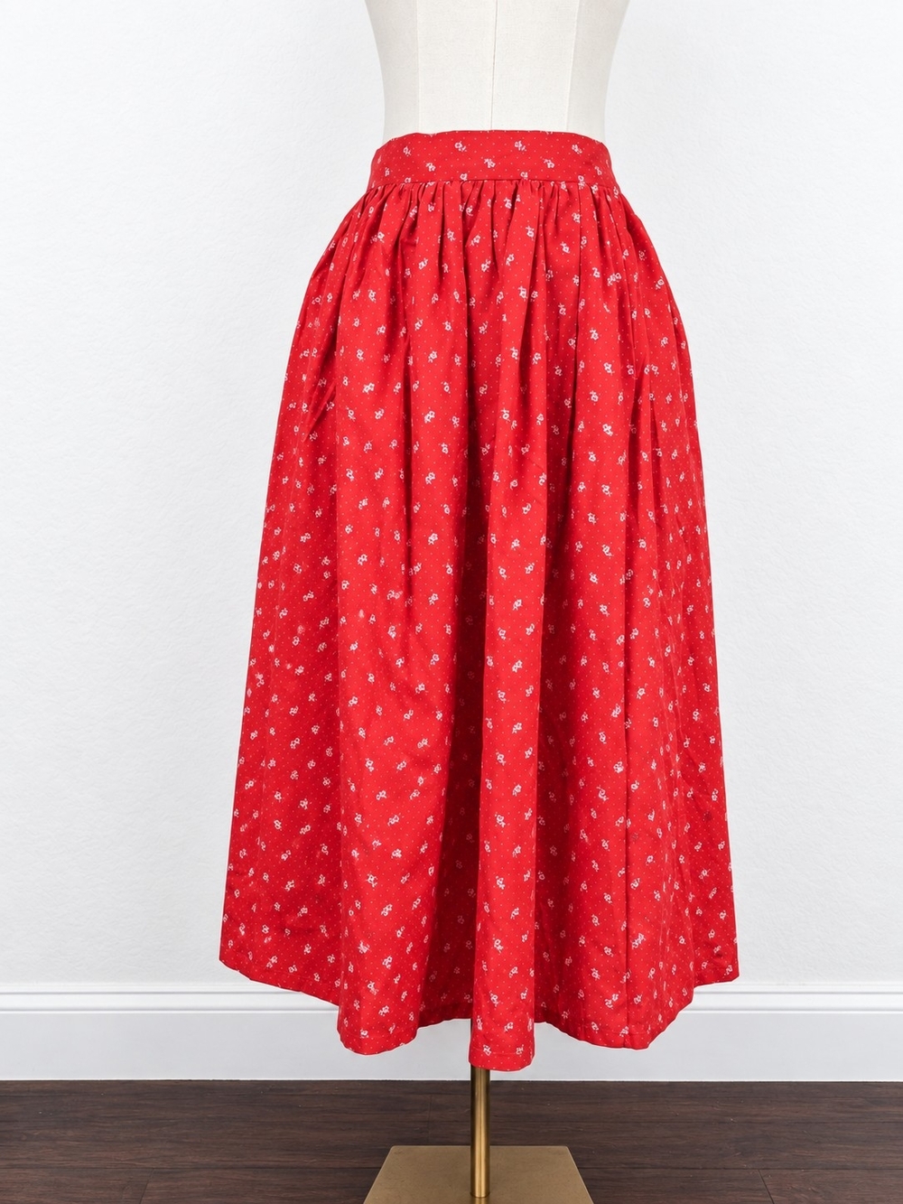 Vintage 70s Handmade Red Floral Prairie Midi Skirt Small Cottagecore Feminine